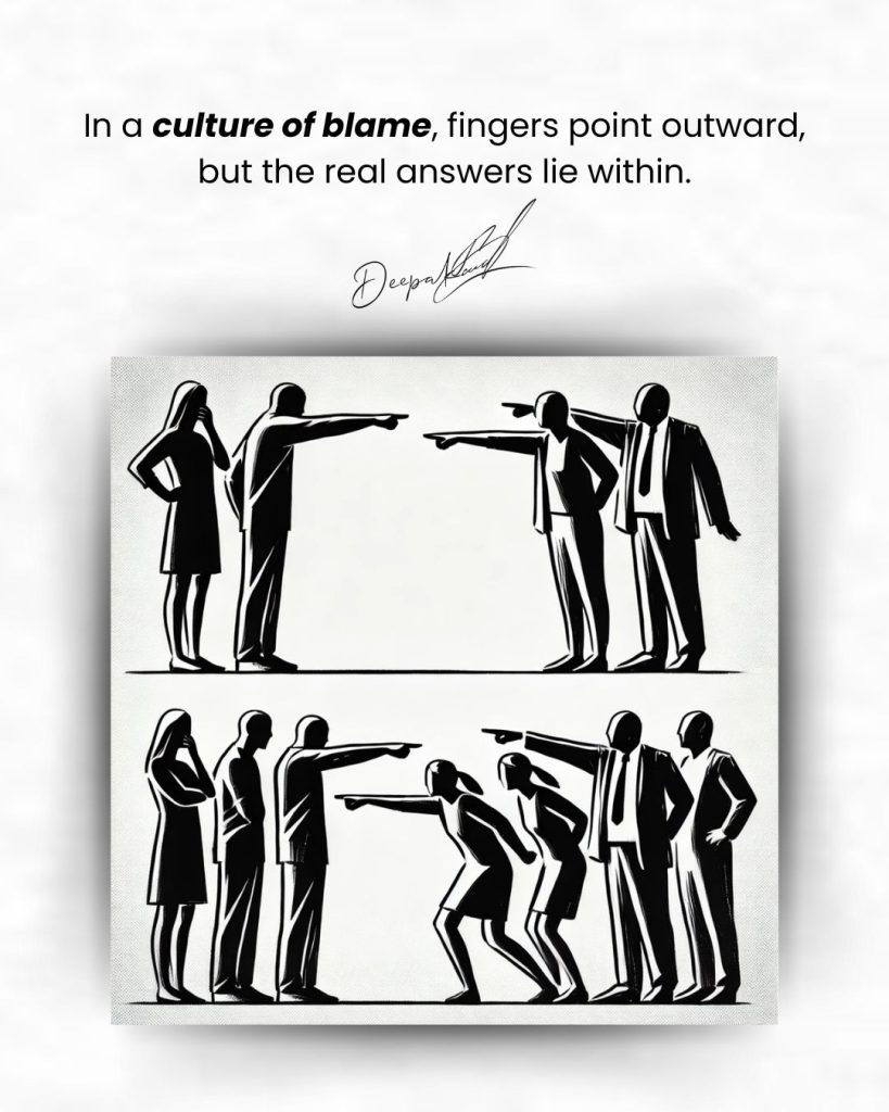 Illustration of business professionals pointing fingers at each other, symbolizing blame culture in organizations where accountability is avoided and teamwork breaks down. The text above reads, “In a culture of blame, fingers point outward, but the real answers lie within,” highlighting the impact of misplaced responsibility on workplace collaboration.