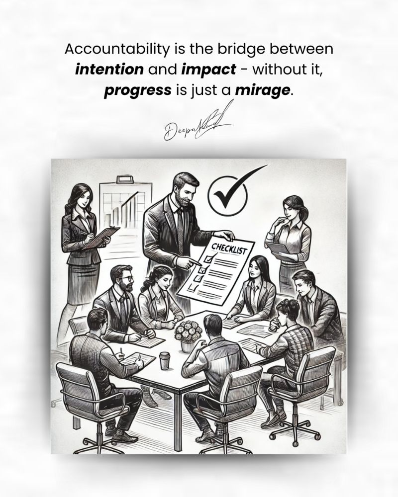 Business team reviewing checklist; symbolizes leadership accountability as the bridge between intention and impact.