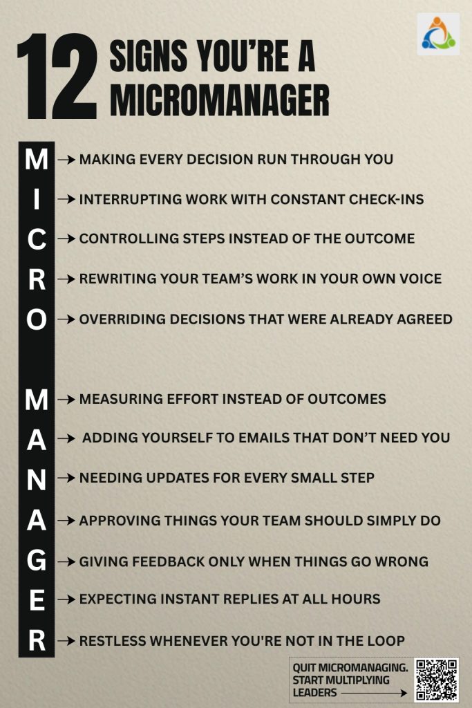 12 signs you’re a micromanager infographic – key micromanagement behaviors leaders should avoid to improve team performance and workplace culture.
