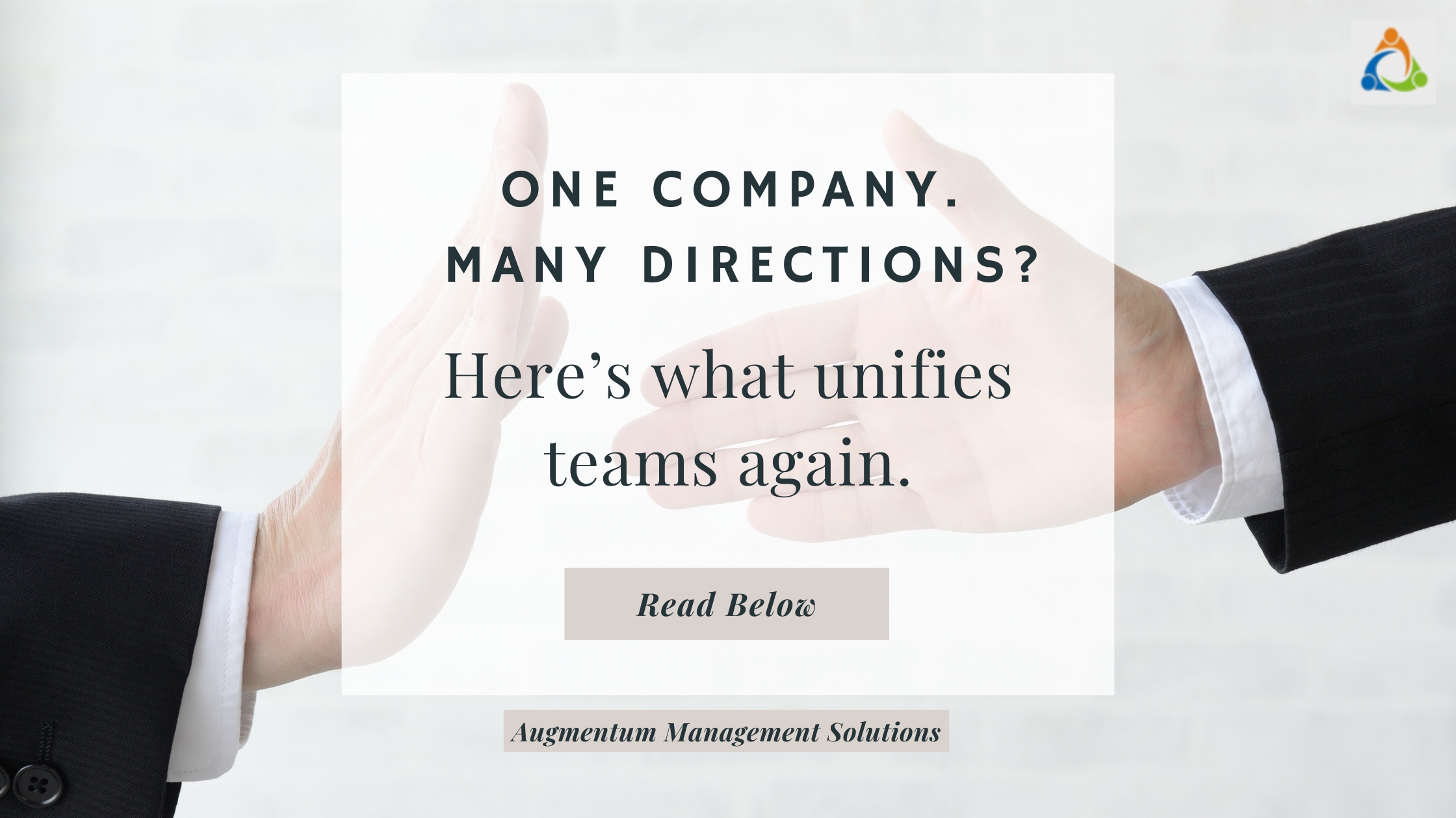 Leaders unifying teams through alignment - business handshake visual representing eliminating organisational silos and improving cross-functional collaboration.