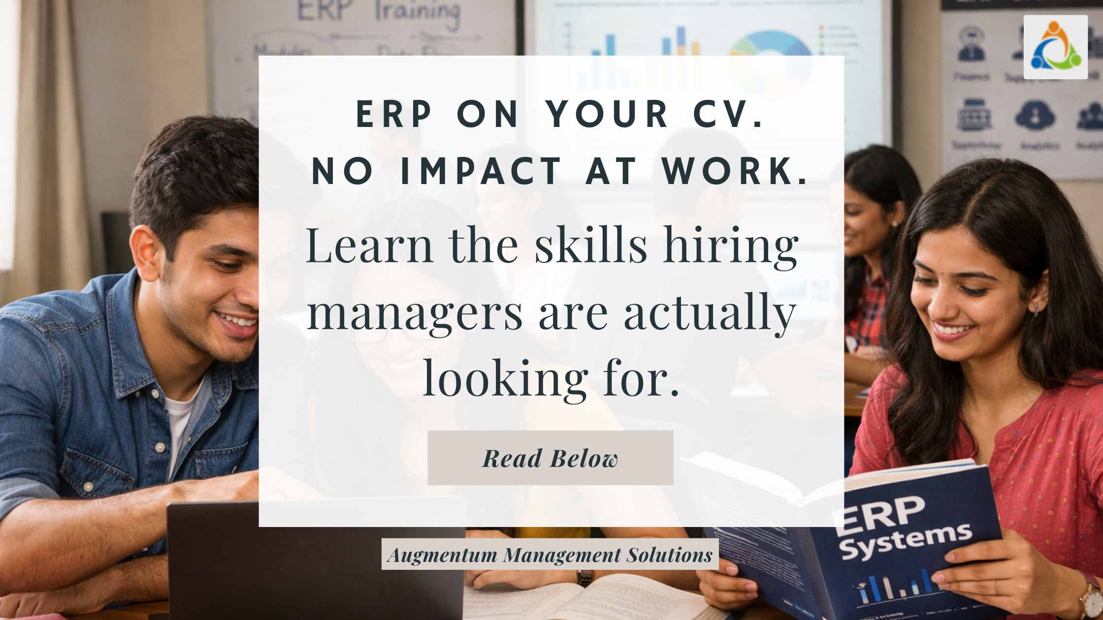 Students in a classroom learning ERP systems, highlighting the gap between ERP skills on a CV and real workplace impact.