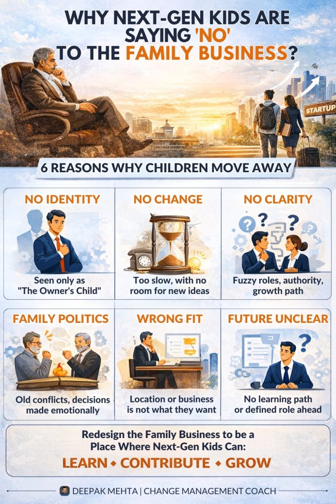 Infographic showing why the next generation avoids joining the family business, including lack of identity, slow change, unclear roles, family politics, wrong fit, and uncertain future.