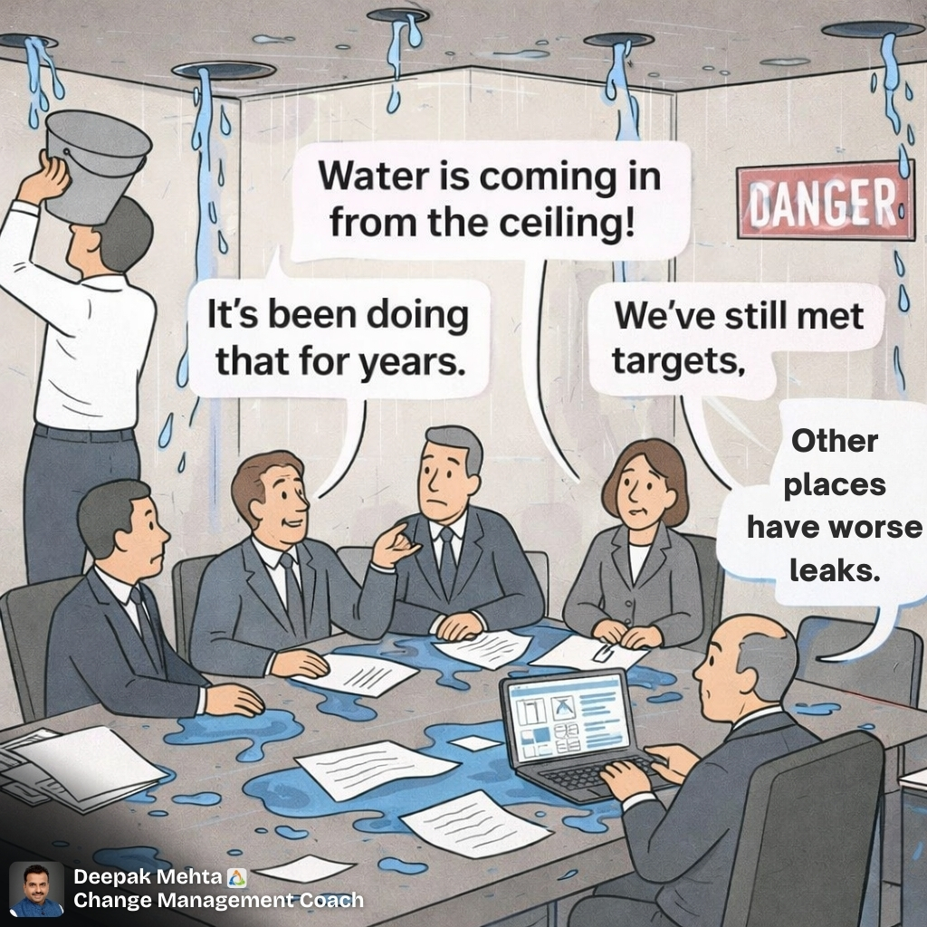Factory leadership meeting ignoring water leaks as a metaphor for hidden operational problems