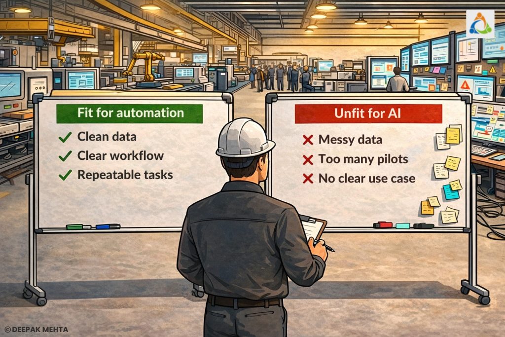 Illustrated factory scene showing a manager facing two boards: one labeled “Fit for automation” with clean data, clear workflow, and repeatable tasks, and the other labeled “Unfit for AI” with messy data, too many pilots, and no clear use case.