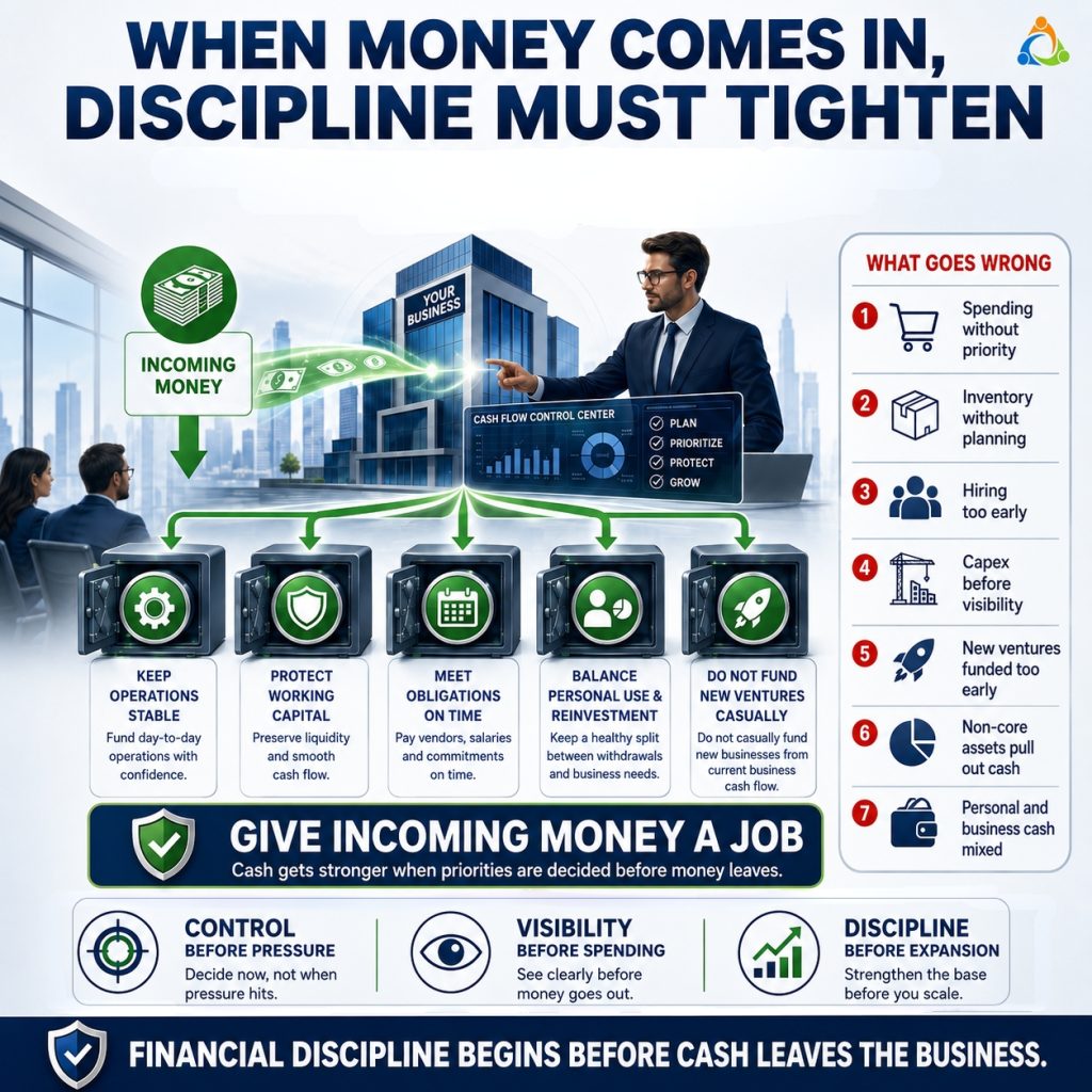 Featured infographic on business cash flow discipline showing that incoming money should be assigned clear priorities first -operations, working capital, obligations, balance, and controlled reinvestment - before expansion or casual spending.