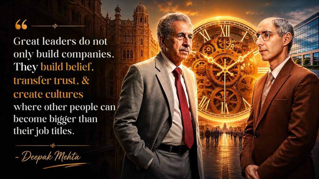 Featured image inspired by the Titan leadership story, showing JRD TATA (Naseeruddin Shah) & Xerxes Desai (Jim Sarbh) facing each other against a clockwork backdrop, symbolizing trust transfer, institution building, leadership continuity, and the creation of culture beyond individual authority.